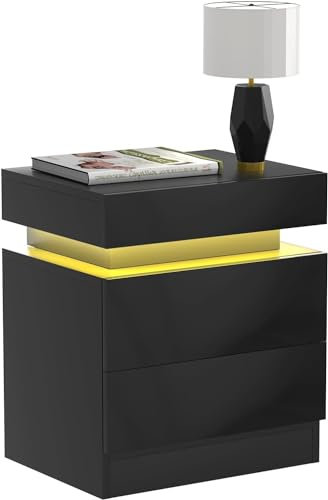 Lvhecforhm Nachttisch Schwarz, Nachttisch mit Led Beleuchtung, Modern 2 Schubladen 16 Farbbeleuchtung Beistelltisch, Hochglanzfront Nachtischschränke 45x35x52cm, für Schlafzimmer Wohnzimmer