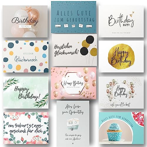 Freyheit | 12x Stilvolle Geburtstagskarten (Format A6) | Geburtstagskarten mit 12 hochwertigen Kraft-Umschlägen (farbig, Postkarten)