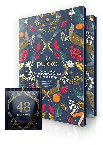 Pukka, Calendrier de l'Avent 2024, Thés et Infusions Bio, Idée Cadeau Femme et Homme| Saint Valentin| Assortiment de Thés Gourmands, 48 Thés Noirs, Verts et Infusions