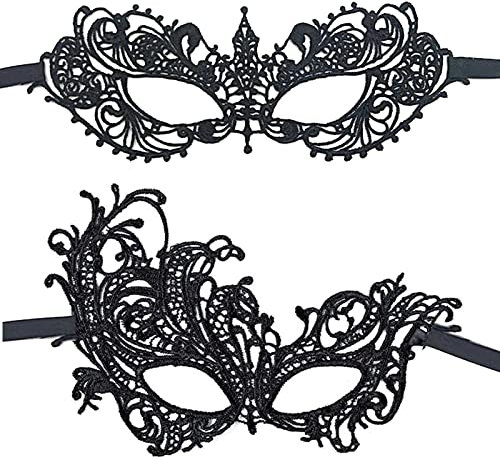 QincLing 2 Stücke Schwarz Spitze Maskerade Maske Damen Sexy Augenmasken Venezianische Masken für Karneval Party Kostüm Maskenball Frau Mädchen