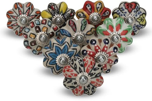 FURNISHFUL FINESSE Mehrfarbige Küchenschrankknöpfe, Schubladengriffe, Keramik-Türknöpfe für Schränke, Kleiderschränke, Boho-Zimmer, dekorative Möbelbeschläge, Boho-Türknöpfe, 10er-Pack