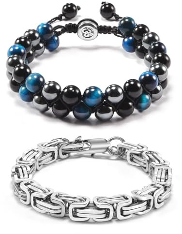 SUNSH Bracciales Uomo Nero Blu Occhio Di Tigre Agata Pietra Intrecciata Bracciale Corda E Bracciale in Acciaio Inossidabile Set Di 2-Regolabile Uomo per Papà Marito Fratello Regalo Di Compleanno
