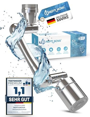 NEPTUNOVA® Wasserhahn Aufsatz 1440 Grad schwenkbar - Wasserhahn Verlängerung für Küche & Bad - universeller & Wasser sparender Perlator aus verchromten Messing - BPA Frei