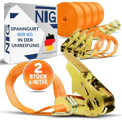 NTG Spanngurte mit Ratsche | 2, 4, 6, 8, 10 oder 20 Stück | 800 kg | 4m | 2 teilig | TÜV/GS geprüft | zweiteilig mit Haken | Ratschengurt | Zurrgurte | 25mm | 0,8 t (2 Stück)