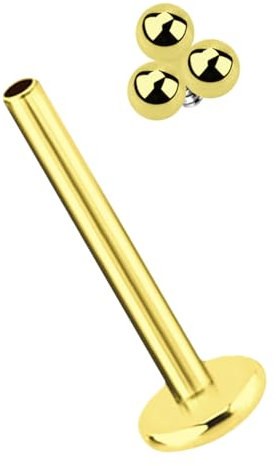 Ohr Piercing Stecker, Labret Stud in 1,2 x 6 mm mit Innengewinde und drei Kugeln in Gold