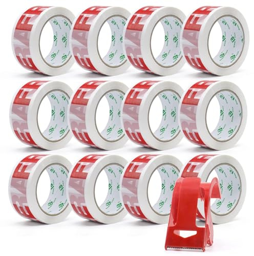 BOMEI PACK Lot de 12 rouleaux de ruban d'emballage rigide avec distributeur, 48 mm x 66 m, pour une utilisation régulière ou pour un déménagement – Scellez facilement vos colis et boîtes