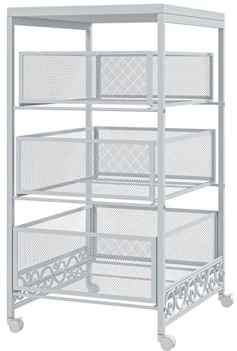 HOMCOM Carrito Auxiliar con Ruedas Carrito de Almacenamiento de 3 Niveles con 3 Cesta de Almacenamiento para Salón Comedor Cocina Baño 34x29,5x57,5 cm Blanco