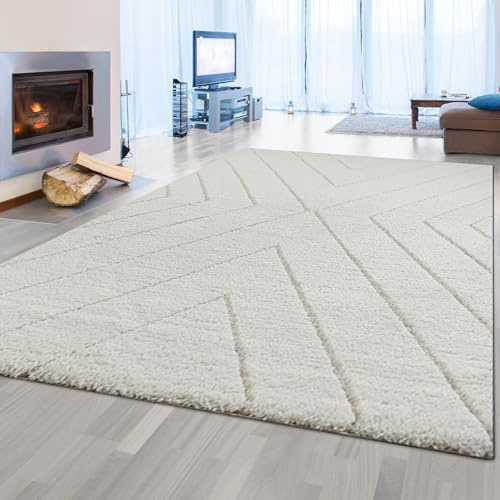 CARPETIA Skandinavisch Teppich Wohnzimmerteppich Hochflor Rautenmuster weiß Creme-beige, 240 x 340 cm