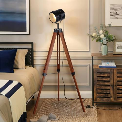 LUSTORM 1 Industrial Tripod Floor Lamp Adjustable Height and Angle Spotlights Vintage Tall Standing Lamps for Living Room, Black Corner Lighting E27 Antique Illumination