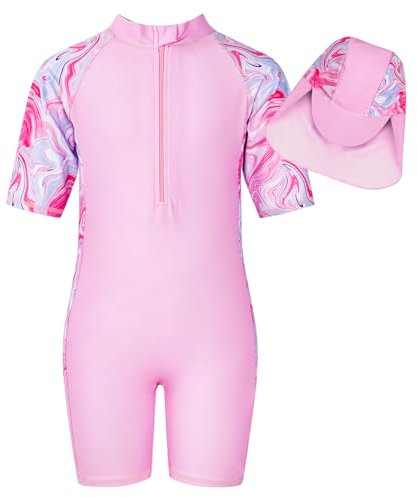 JiAmy Costume da Bagno per Ragazze, Sirena Costume Bambina Estivo UPF50+ Rapida Asciugatura con Cerniera Costume Intero Bambina E Cappello per Spiaggia Estate,Corte Maniche,Rosa 5-6 Anni
