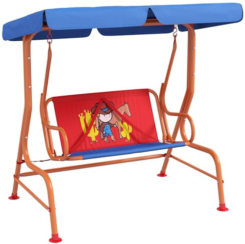 Outsunny 2 Seat Kids Swing Chair with Adjustable Canopy, Cowboy Themed Double Kids Garden Swing Bench with Safety Belts for Patio Park Porch, for Ages 3-6 Years - Red and Blue