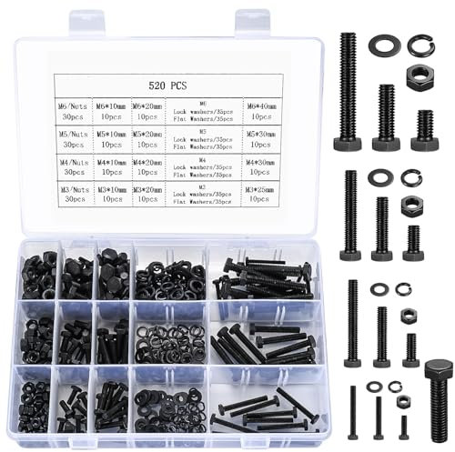 520 Pezzi nero Viti e Dadi e Rondelle Set, Bulloni a Testa Esagonale e Dadi e Rondelle, M3/M4/M5/M6 Viti e Bulloni e Dadi a Testa Piatta Esagonale acciaio al carbonio(520 nero)