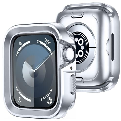 Amizee 2 in 1 Metallo Cover Compatibile con Apple Watch Serie 9 Serie 8 Serie 7 45mm, Copertura Completa Metallo Custodia Anti-Graffio per iWatch Serie 9/8/7 45mm, Argento