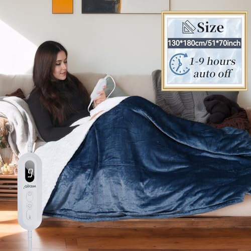 Olycism Coperta Termica Matrimoniale 180 x 130 cm Coperta Elettrica 9 livelli di calore & Timer di spegnimento automatico fino a 9 ore Display a LED Lavabile per divano casa ufficio Blu Navy
