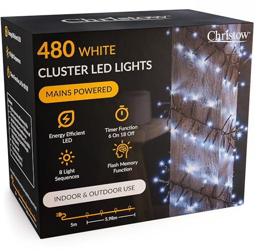 CHRISTOW 480 LED Cluster Christmas Tree Lights, White Fairy Lights with Timer, 8 Light Modes, Energy Efficient 3mm Micro LEDs, Indoor & Outdoor, Mains Powered, Green Cable, 5.98m Lit Length