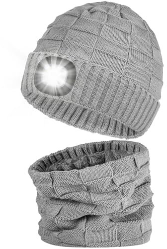 LED Mütze mit Licht Herren Damen, USB Wiederaufladbare Warme LED Beanie mit 3 Modi Helligkeiten, Stirnlampe Mütze mit 4 LED Licht Beleuchtete Strickmütze für Laufen, Radfahren, Joggen, Wandern - Grau
