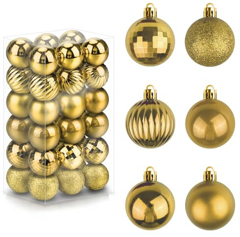 Mulaibdin 36 Stück Weihnachtskugeln, Christbaumkugeln Kunststoff Gold, Matt & Glitzer Weihnachtsbaumkugeln Set, 4 cm Weihnachtskugeln Klein, Weihnachtsdeko Neujahr Deko