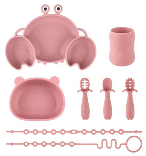 Set Vaisselle pour Bébé Silicone avec Ventouse, 8 Pièces, Set Repas pour Enfants, Inclus Anti-dérapant Assiette, Bol, une tasse, 3 cuillères et 2 sangles de sécurité, sans BPA (Rose)