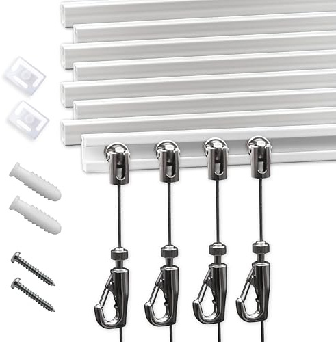 Picture Rail System - 8 Pack Kit With 24 Rails and 2M Wire Hooks for Elegant Art Display in Gallery, House, Decor
