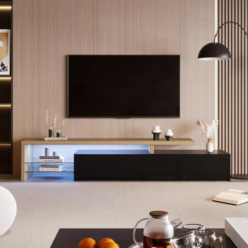 JOROBURO Mobile TV moderno con luci LED variabili, 3 ante e ripiani in vetro - Elegante credenza per soggiorno (bianco) (nero)
