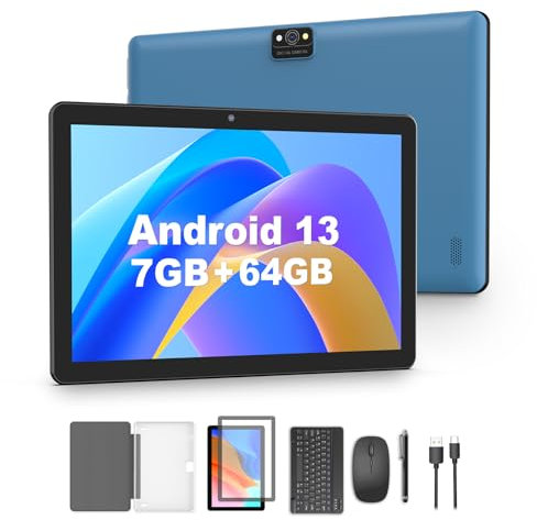 BAKEN Android Tablet,10 Zoll Tablets Android 13 mit Tastatur, 7GB+64GB, 1TB Expand, Tablet PC mit Octa-Core, 6000mAh, 2.4G/5G WiFi, 2MP+8MP Kamera, 2 in 1 Tablet mit Tastatur Tasche, Maus, Stylus