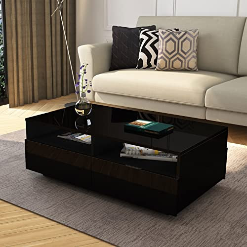 Komtopod Modern Coffee Table with 4 Drawers, Wooden Centre Living Room Table, Rectangular Coffee Table with Storage, High Gloss Finish, 85 x 55 x 35 cm, Black