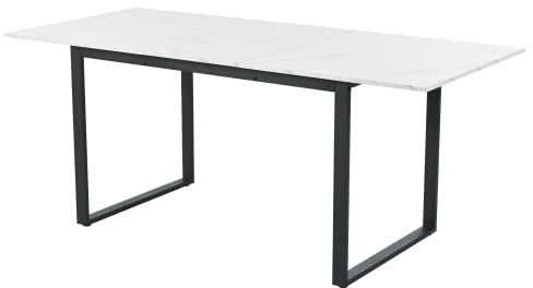 Schreibtisch Esstisch Teleskoptisch Erweiterbarer Esstisch 140/180x80x75cm, Weiß mit Marmormuster, MDF-Tischplatte, Metallgestell, Ausziehbar, Modern für Esszimmer & Büro