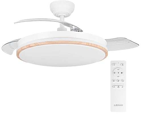 Ventilador de techo con luz con mando 3 aspas, Motor DC 30W+Luz LED,temporizador, 6 velocidades, aspas retráctiles, 3 temperaturas de luz, función verano-invierno Silencioso (Madera liso, 50CM)