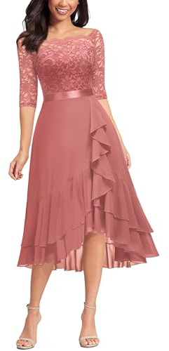 MIUSOL Elegante abito da donna in chiffon con maniche a 2/3 e spalle scoperte, da cocktail, damigella d'onore, stile swing, Doppio orlo - Rosa antico, L