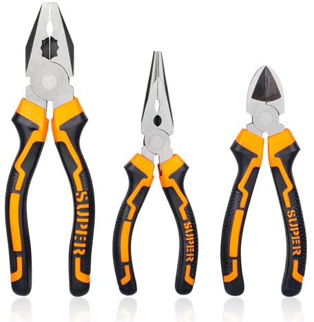 Riloventa 3 Piezas Alicates Electricista con Mango Ergonómico, Juego de Alicates para Profesionales Reparación, Alicates de Punta, Alicates de Electricista para Reparaciones en el Hogar