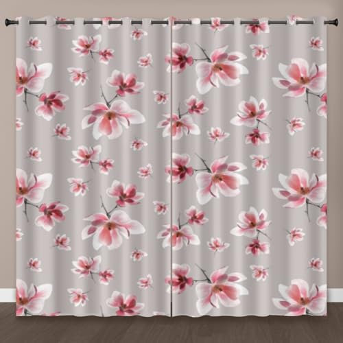 Curtain Rosa Blume Grau Blackout Curtain Living Room Polyester Vorhang mit Ösen Gardinen Waschbar Vorhänge Verdunklungsvorhänge Gardienen Blickdicht Scheibengardinen2x85x200cm