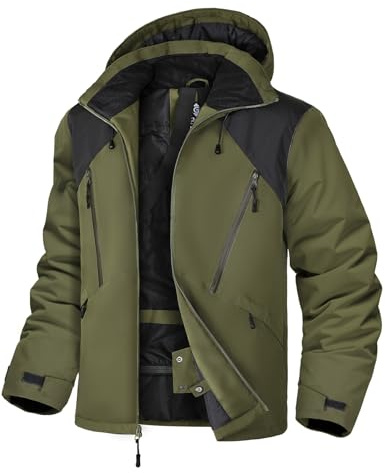 GEMYSE Herren Skijacke Wasserdichte Winterjacke Winddichte Isolierte Schneejacke mit integriertem Schneefang(Schwarz mit Armeegrün,L)