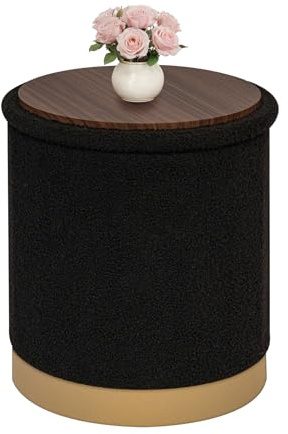 Bonlife Round Ottoman with Storage, Folding Footstool with Coffee Table | Boucle Vanity Stool for Living Room,Bedroom,Entryway,Black,37.5x37.5x42.5cm