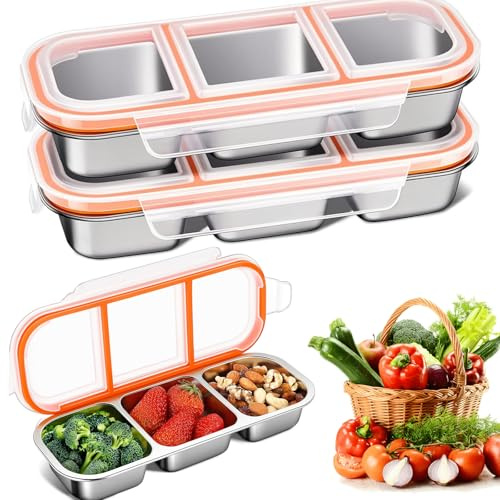 JSUOEO 2 Stück Snackbox mit 3 Fächern, 600ml Leckdichte Snackdose mit Kunststoff-Deckel Bento Box Edelstahl lunchbox Gemüse Snack Boxen für Schule Arbeit Camping