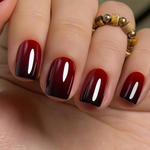 Vesavifaka Soft Gel Press On Nails Nägel zum Aufkleben Kit - 24 Stück Rot Ombre Kurz Quadratisch Vollständig Bedeckte Falsche Nagelspitzen Designs, Künstliche Nägel mit Nagelkleber