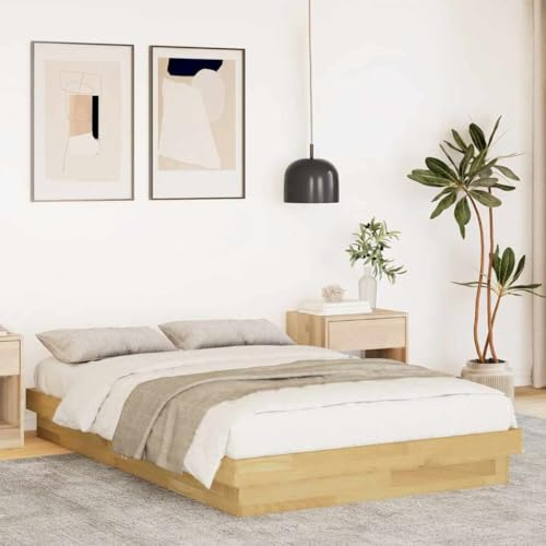 GeenYuu Massivholzbett Eiche 120x190 cm, Robustes Bettgestell für Schlafzimmer, langlebiges Plattformbett ohne Matratze, natürliche Holzmaserung, 193x123x21 cm