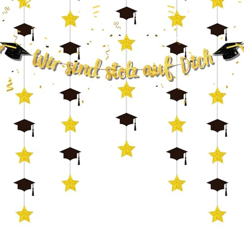 Abschlussfeier Deko, Wir Sind Stolz auf Dich Girlande mit Doktorhut Sternen | Graduation Banner Schwarz Gold, Abi Deko Abitur Bachelor Master Abschluss Party Deko
