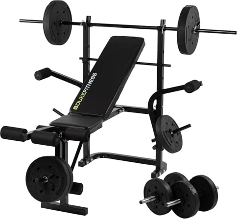 DUKE FITNESS Hantelbank Set WB50 – Klappbar mit Rack & 50 kg Gewichtsset | Pec-Fly-Station, Beinstrecker, Max. 200 kg Belastbarkeit, Heimfitness Krafttraining