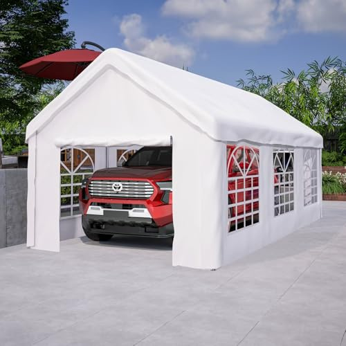 KOMHTOM Carport Voiture, Tente de Reception 3x6m, Garage Exterieur, Toile PE Impermeable, Parois Amovibles, pour Fete Jardin Auto