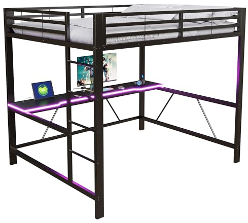 SOFTWEARY Hochbett mit Schreibtisch, LED-Streifen, Lattenrost, Leiter, Rausfallschutz, Steckdose, USB, Type-C, Metallbett, Kinderbett, Jugendbett (schwarz, 160x200 cm)