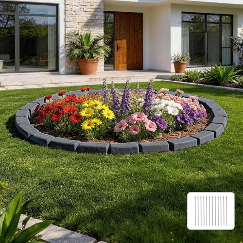 VEVOR Kit Bordura per Giardino Effetto Pietra 4725 mm, Muretto Senza Bisogno di Scavo, Confezione 4 Pezzi da 6 Mattoni Ciascuno e 12 Picchetti, Colore Nero Antracite, per Delimitazione Aiuole Viali