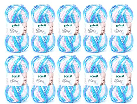 Gründl Wolle Baby color - Babywolle zum Häkeln und Stricken mit Farbverlauf - Weich und hautfreundlich - 70 % Polyacryl, 30 % Polyamid - 10 Knäuel 50 g / 150 m - Nadelstärke 3,5 -4,5 - türkis-weiß