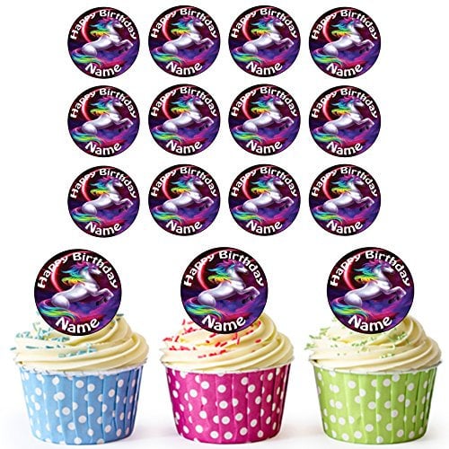 AK Giftshop Colourful Unicorn 24 Personalised Edible Cupcake Toppers/Birthday Cake Decorations - Easy Precut Circles