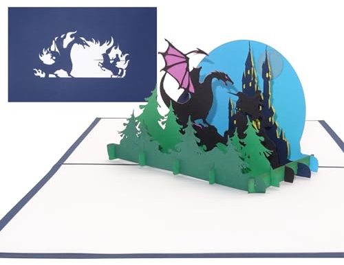 Pop Up Karte „Drache & Ritter“ Geburtstagskarte mit Drachen und Ritterburg – Einladung, Geschenk, Gutschein zu Geburtstag, Kindergeburtstag & Einschulung
