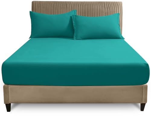 GC GAVENO CAVAILIA Super King Fitted Sheet (180x200 cm) - Soft Polycotton Fabric - Anti Allergic - Fade Resistant Bed Linen - Elasticated 25cm Deep Plain Bed Bottom Sheet, Deep Teal