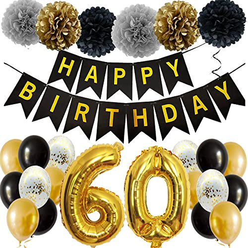 Feelairy Luftballons 60. Geburtstags Schwarz Gold, Ballons Geburtstagsdeko 60 Jahre Mann Frau, Happy Birthday Banner, Riesen Folienballons Zahl 60 Gold für Männer Frauen Geburtstagsfeier