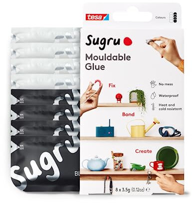 Sugru by tesa - Pâte Fixante Polyvalente à Modeler en Lot de 8 x 3.5 g - Pâte Durcissante Adhésive Polyvalente pour Décorer, Coller, Réparer, et pour Bricolage Créatif - Noir et Blanc