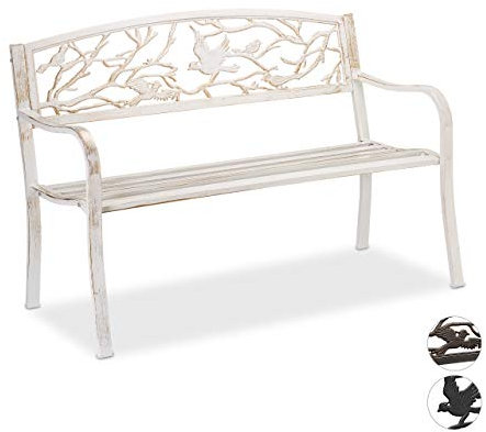 Relaxdays Gartenbank, Vögel Muster, 2-Sitzer, Vintage, Garten & Balkon, Stahl, Sitzbank, HBT: 87x127x57 cm, weiß/Bronze