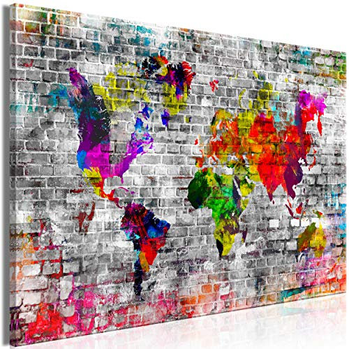 decomonkey Bilder Weltkarte 90x60 cm 1 Teilig Leinwandbilder Bild auf Leinwand Vlies Wandbild Kunstdruck Wanddeko Wand Wohnzimmer Wanddekoration Deko Landkarte Ziegel Stein Graffiti