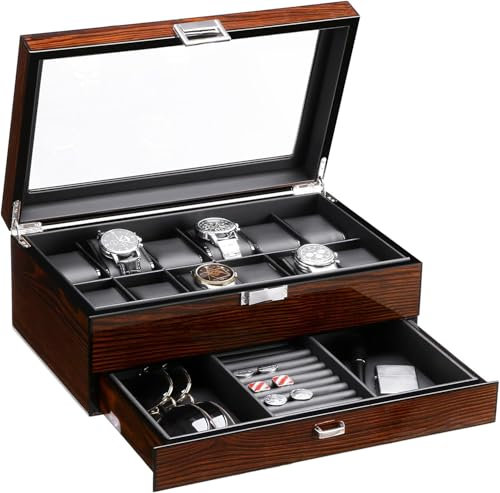 BEWISHOME 12 Uhrenbox mit Tablett Schublade, Luxus-Uhrenbox Herren Uhrenkoffer, Uhrenaufbewahrung mit Echtem Glasdeckel, Metallscharnier, Uhren Aufbewahrungsbox, Uhren Box, Braun, ESSH02Y